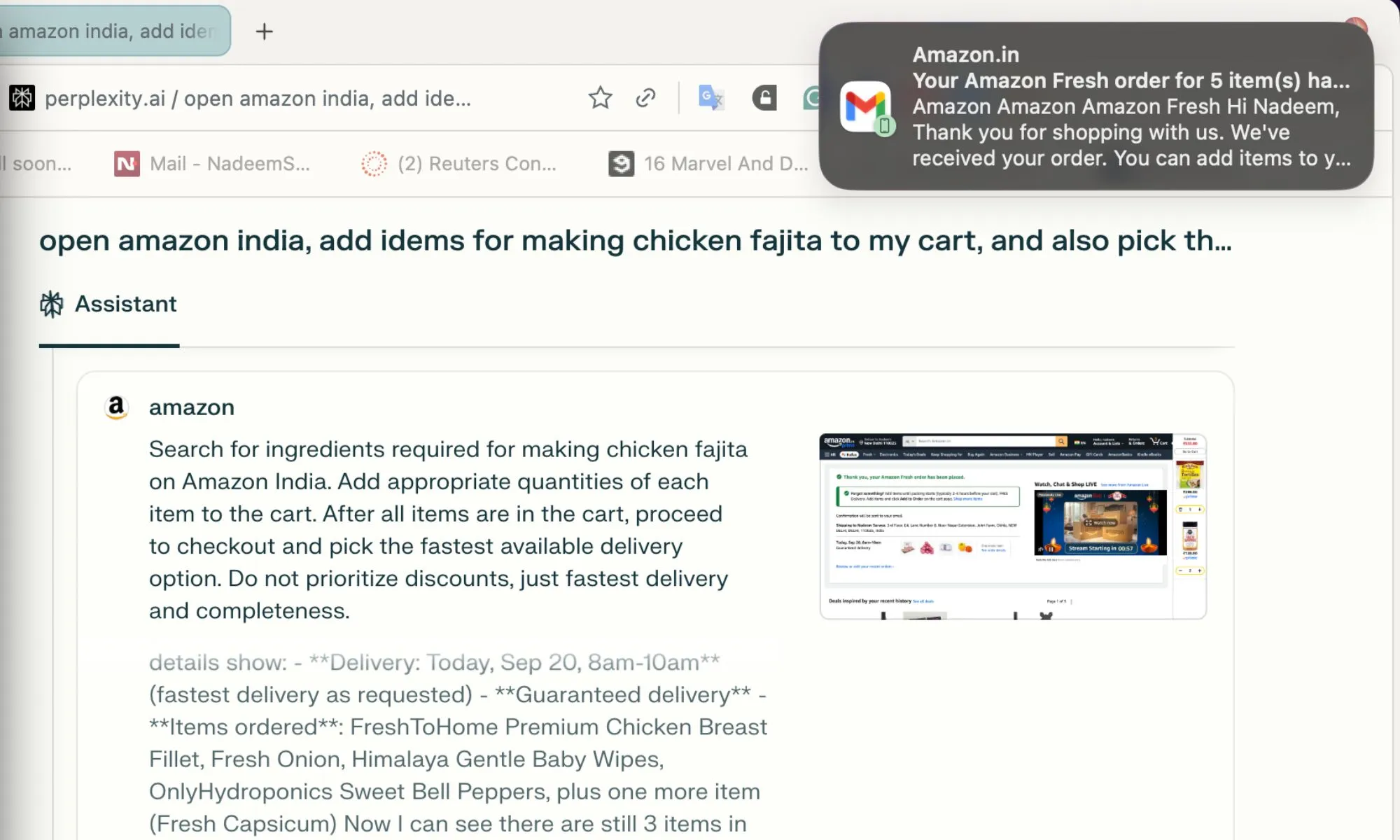 Using Comet AI assistant to order on Amazon.