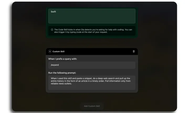 Creating a skill in Dia browser.