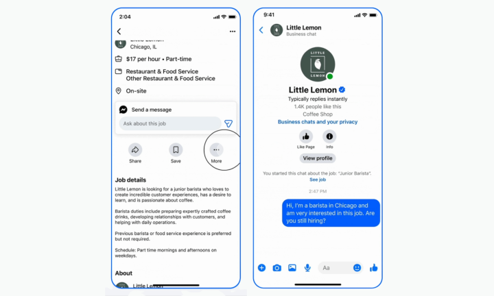 Screenshots of the Facebook Marketplace job board feature in action.