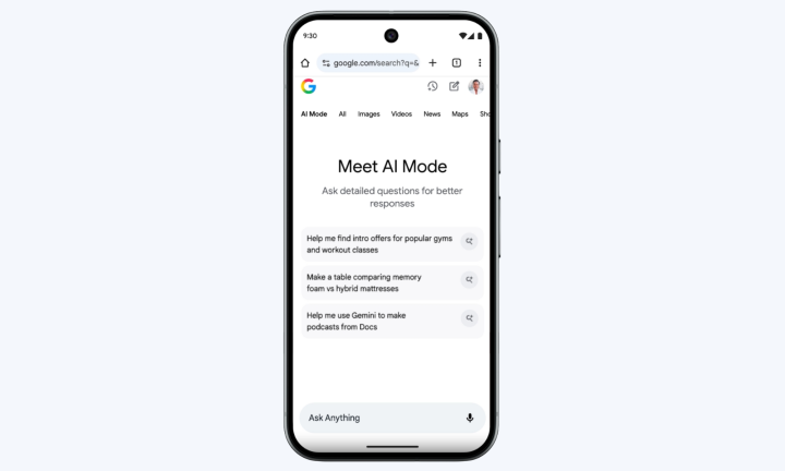 Screenshot of the Google AI Mode on a smartphone screen.