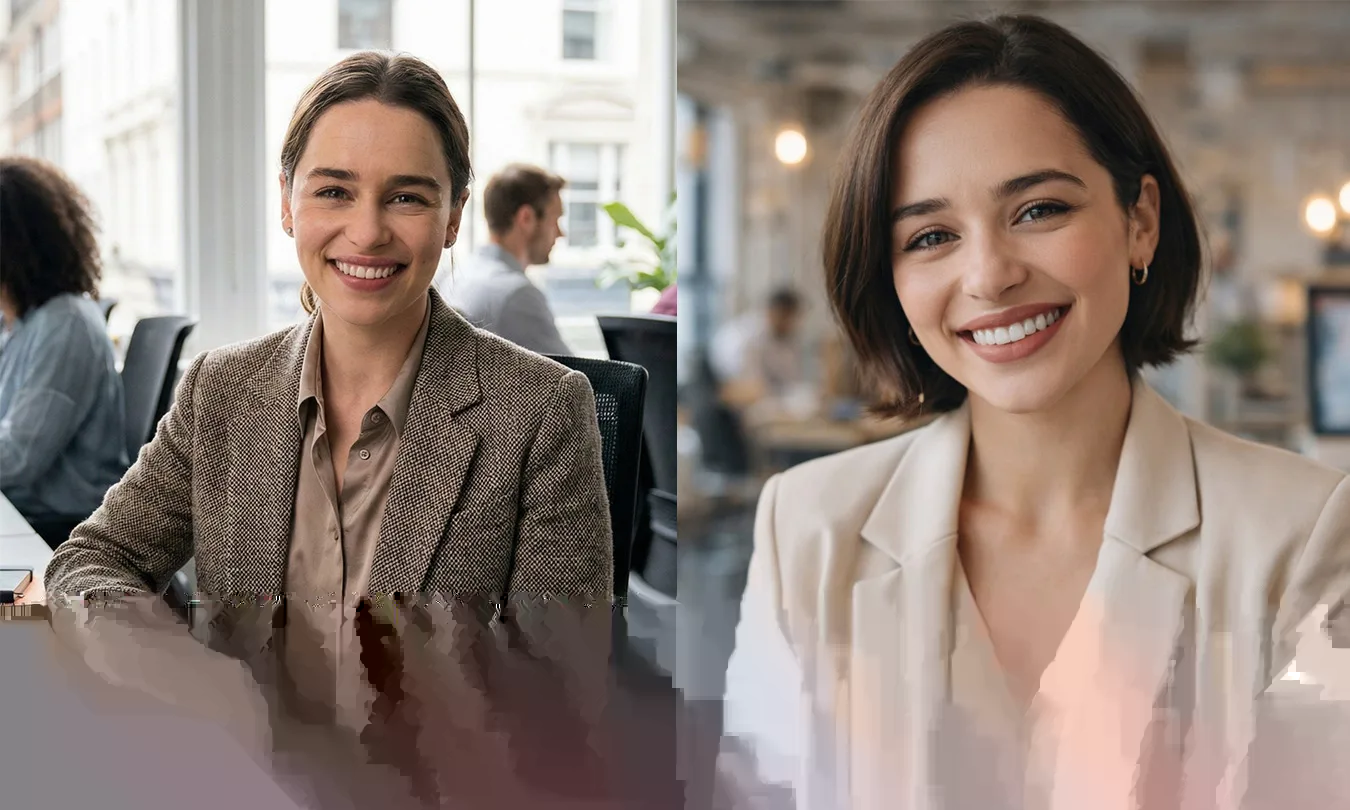 Emilia Clarke AI generated stock image. Gemini / Nano Banana is on the left.