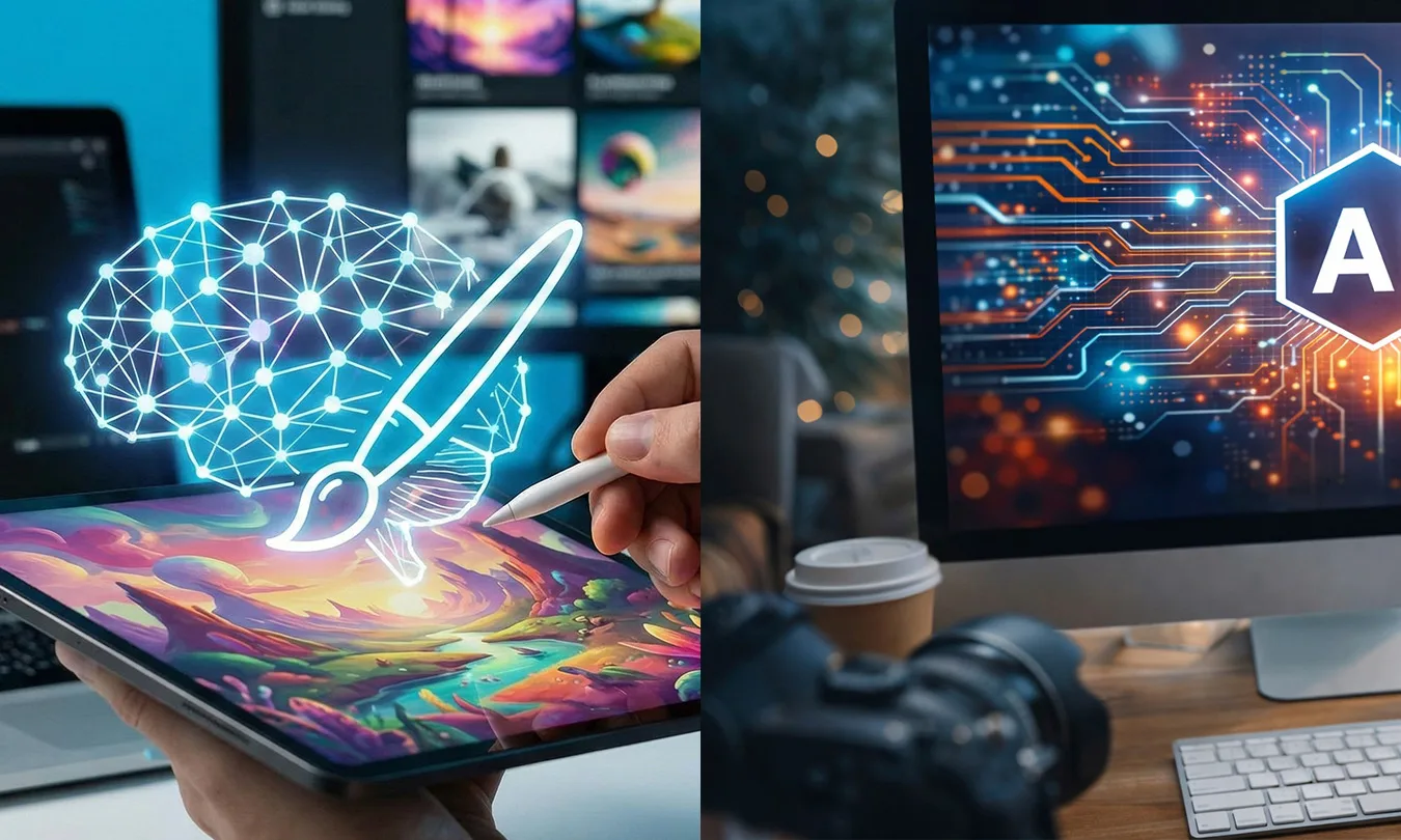 AI-generated image illustrating AI image generation. Gemini / Nano Banana is on the left.