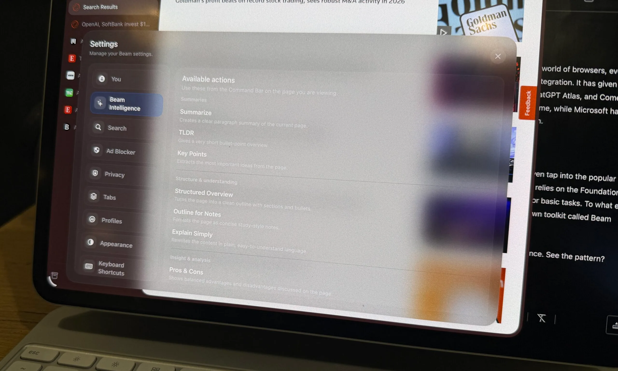 Beam Intelligence features on iPad.