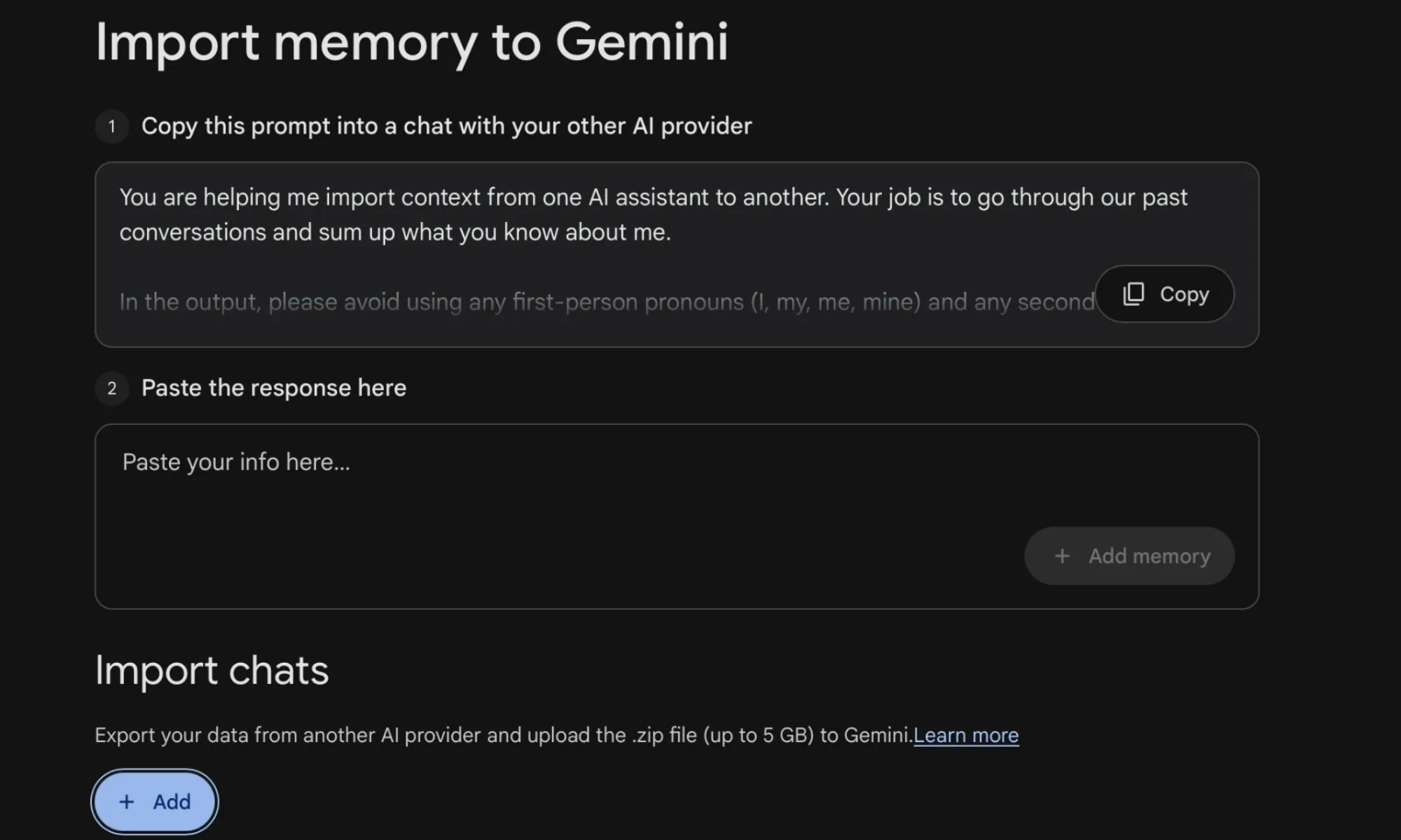 Steps for importing memory into Gemini