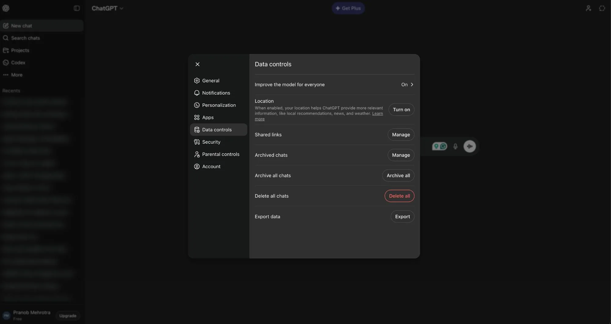 ChatGPT data controls settings on desktop