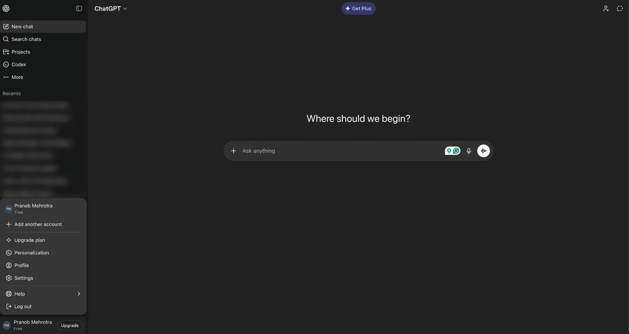 ChatGPT home screen with pop-up menu