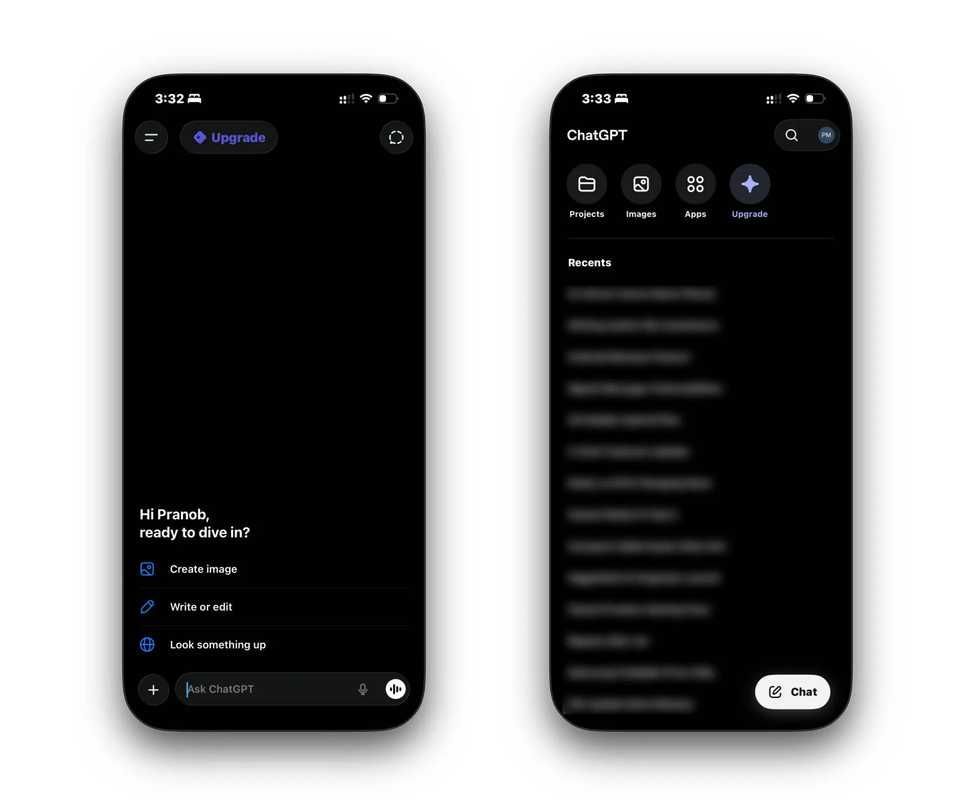 ChatGPT app on iPhone showing homescreen and sidebar