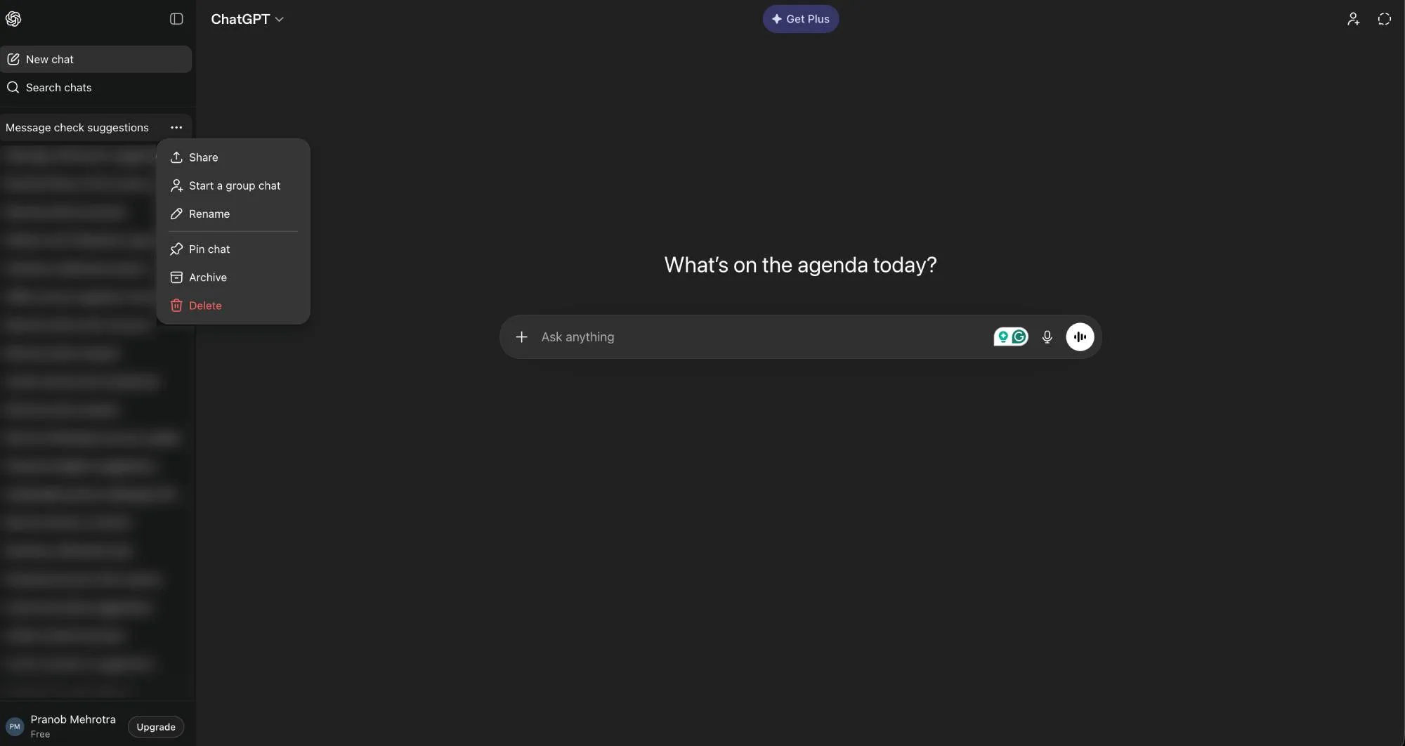 ChatGPT homepage on desktop showing context menu for a chat
