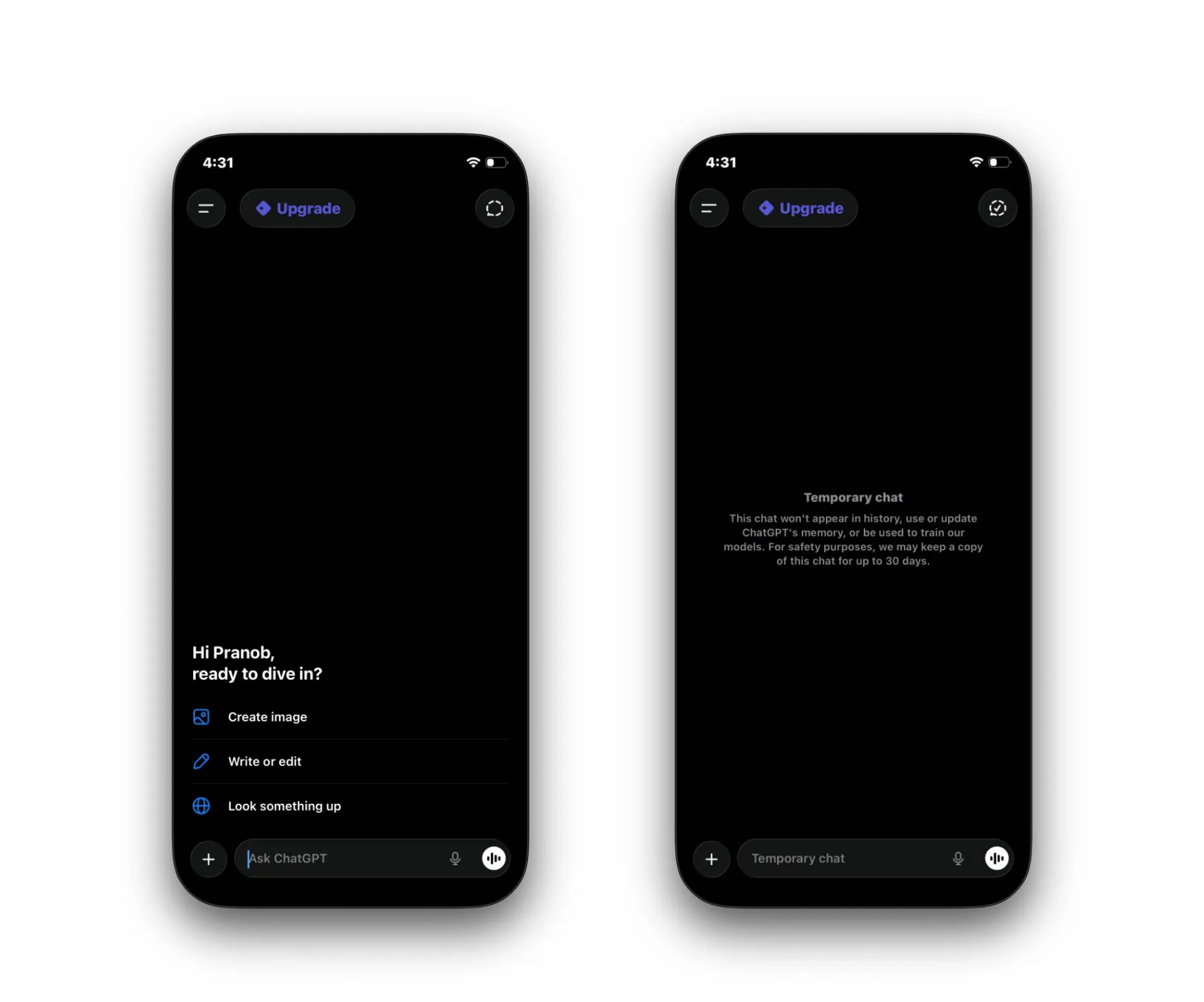 Temporary chat screen in ChatGPT app