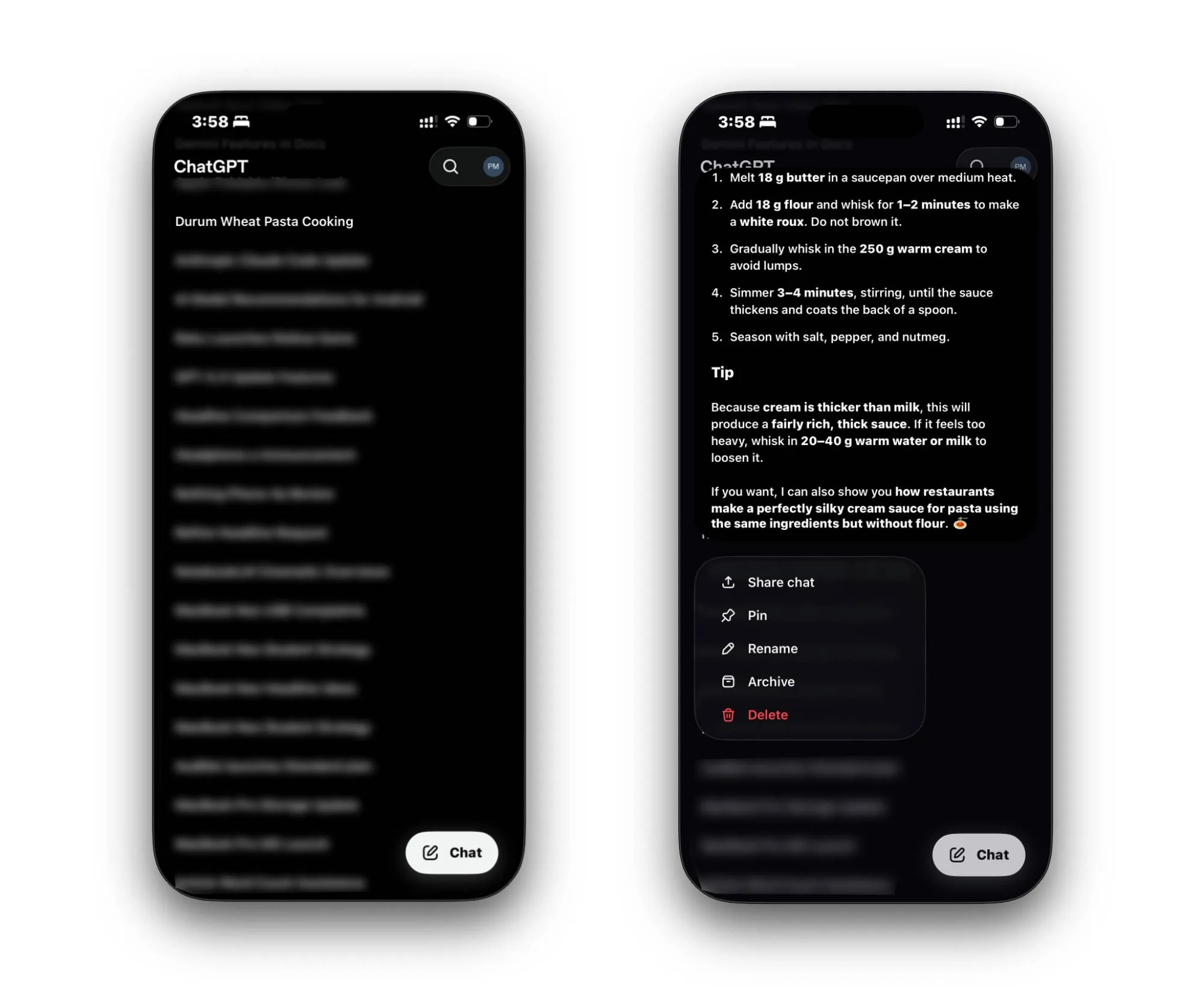 ChatGPT app on iPhone showing context menu for a chat