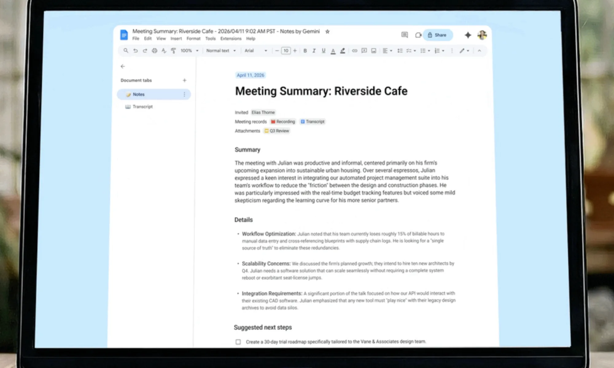 Google Meet Transcription Notes in Google Docs