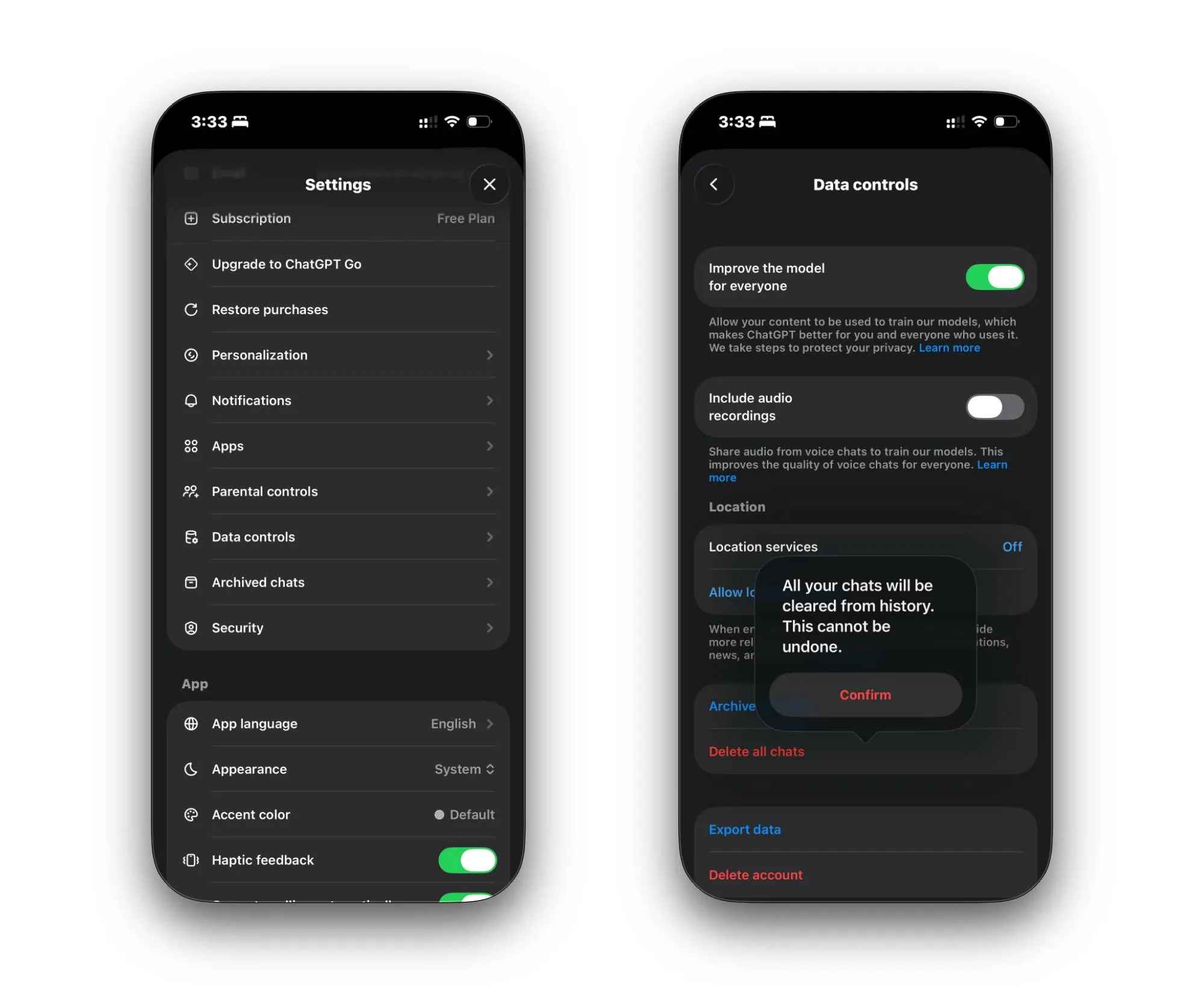 ChatGPT settings and data controls menu