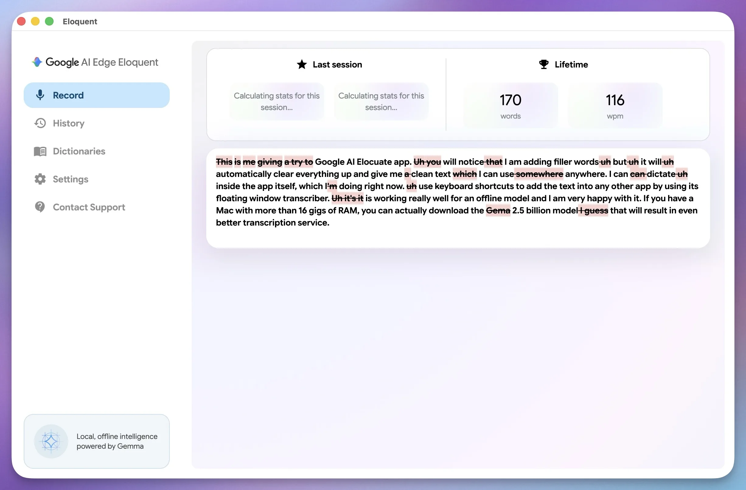 example of recording using Google Al Edge Eloquent app