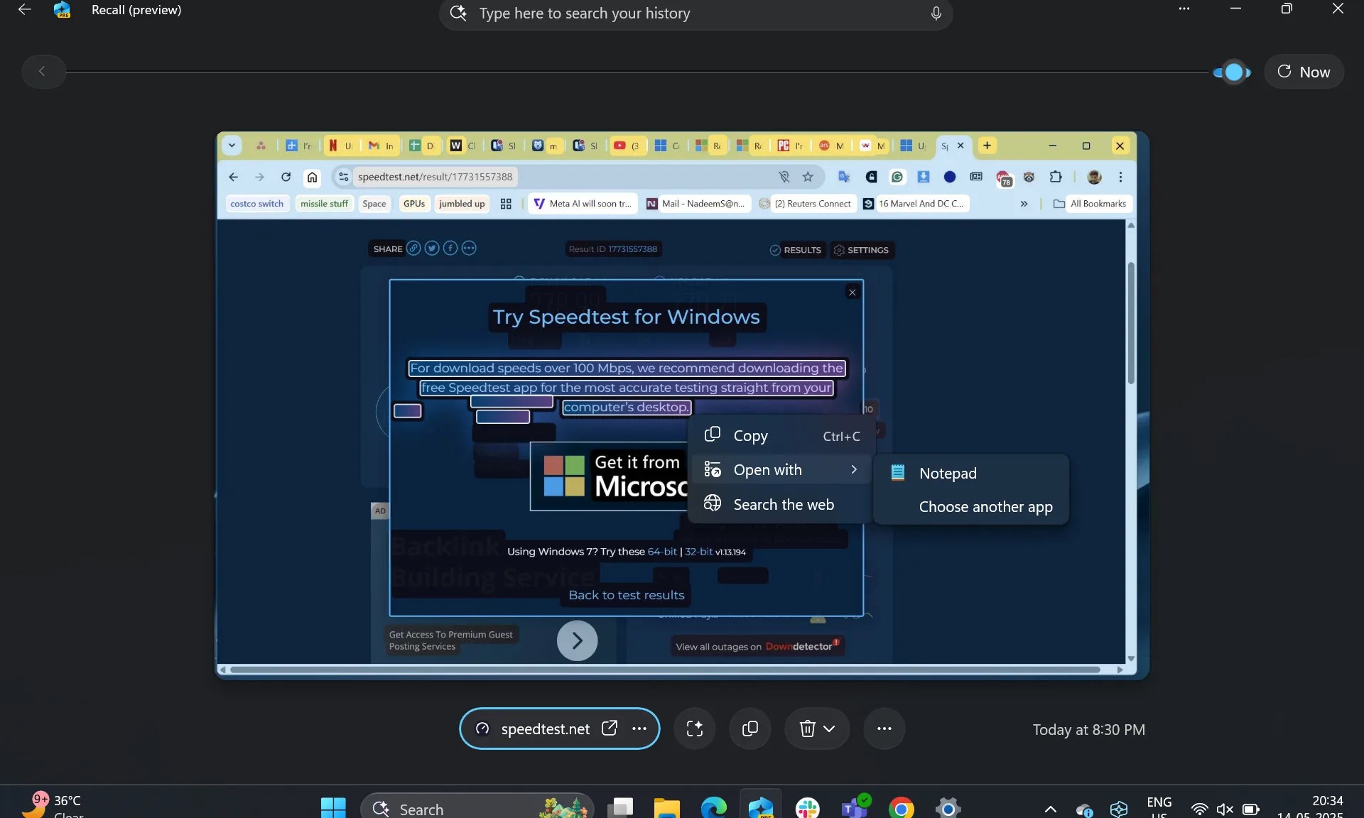 Quick commands on Windows 11 Recall.