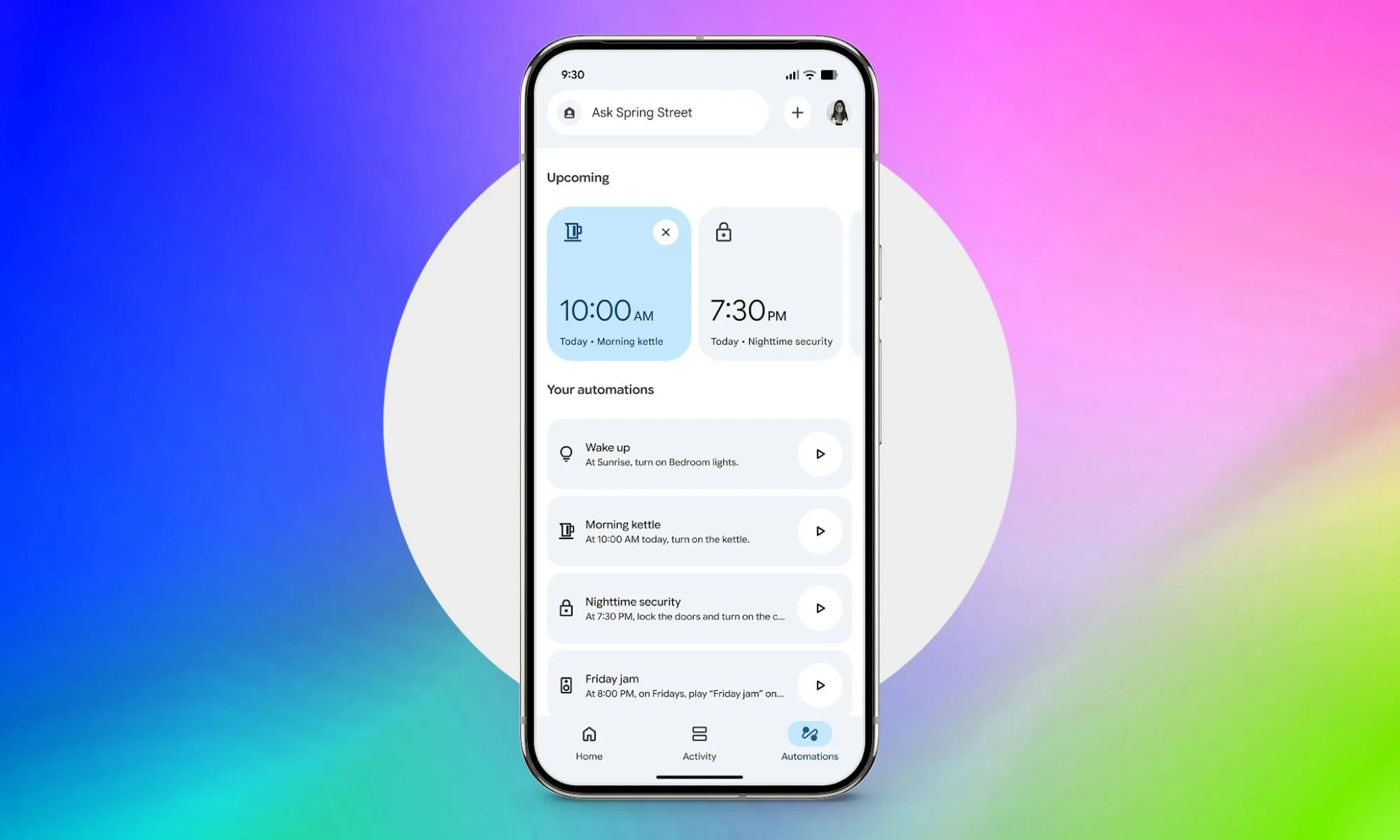 Google Home Automations tab screenshot on gradient background